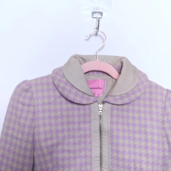 Phoebe x Kay Unger Purple and Tan Houndstooth Ruffle Trim Zip Up Blazer Size 2 - Picture 9 of 16